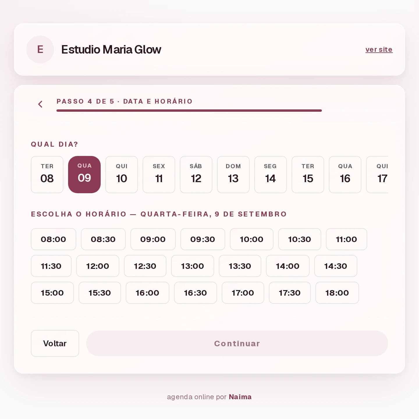 Agendamento real da Naima com calendário e horários disponíveis