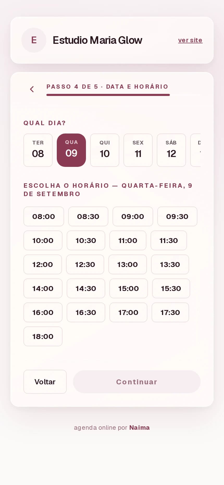 Agendamento real da Naima com calendário e horários disponíveis