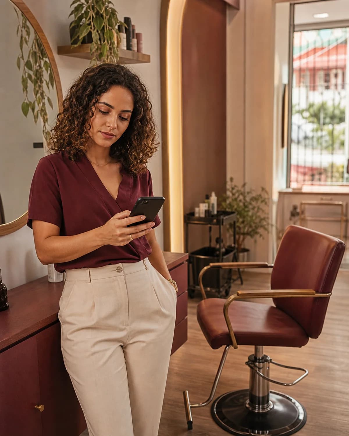 Profissional no salão, com o celular em mãos