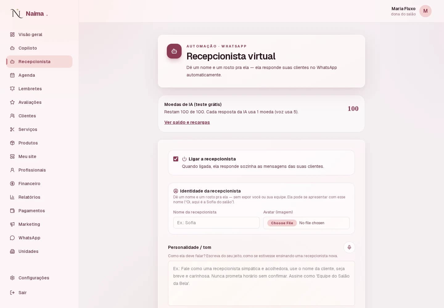 Configuração real da recepcionista virtual da Naima, com identidade, tom e informações do salão
