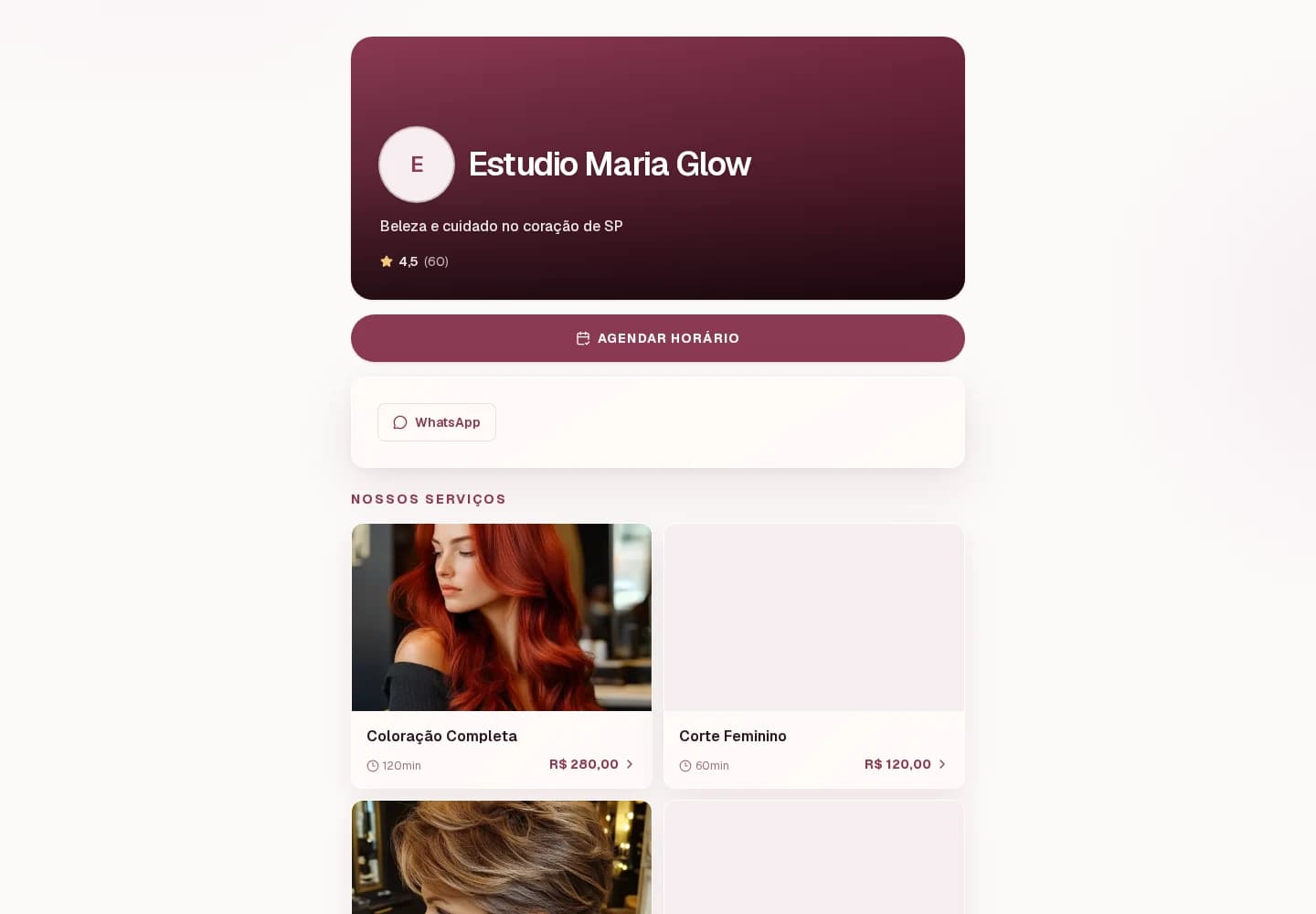 Site real do salão de demonstração com apresentação e acesso ao agendamento