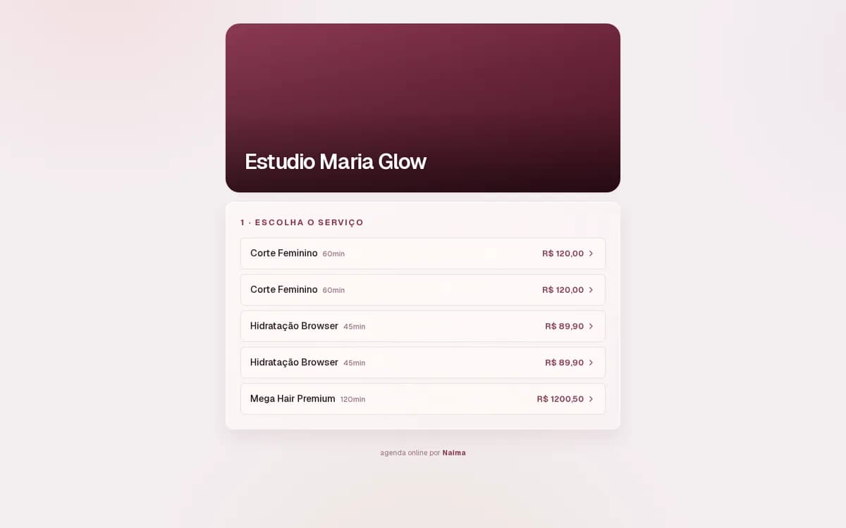 Mini-site real do salão na Naima: capa, serviços, preços e botão de agendar